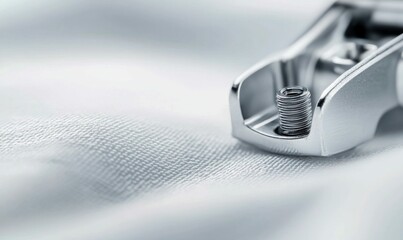 Close-up shows a shiny metal clamp mechanism on a textured white surface in a studio setting.