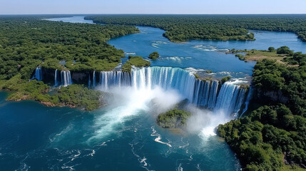 Fototapeta premium Aerial view of majestic waterfall cascading into river, surrounded by lush greenery