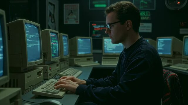 A young man in glasses types on a vintage computer in a dimly lit room filled with old monitors. The blue glow of the screens creates a classic 80s hacker aesthetic