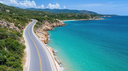 Aerial view of scenic coastal road along cliffs and turquoise waters, evoking tranquility