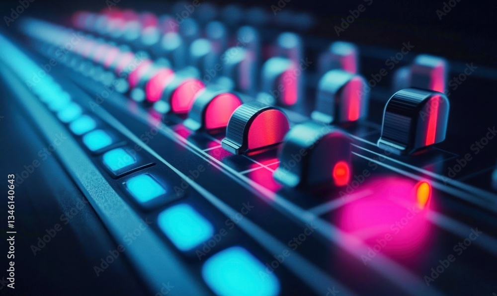 Poster illuminated sound mixing console displaying vivid red and blue lights on faders and buttons.