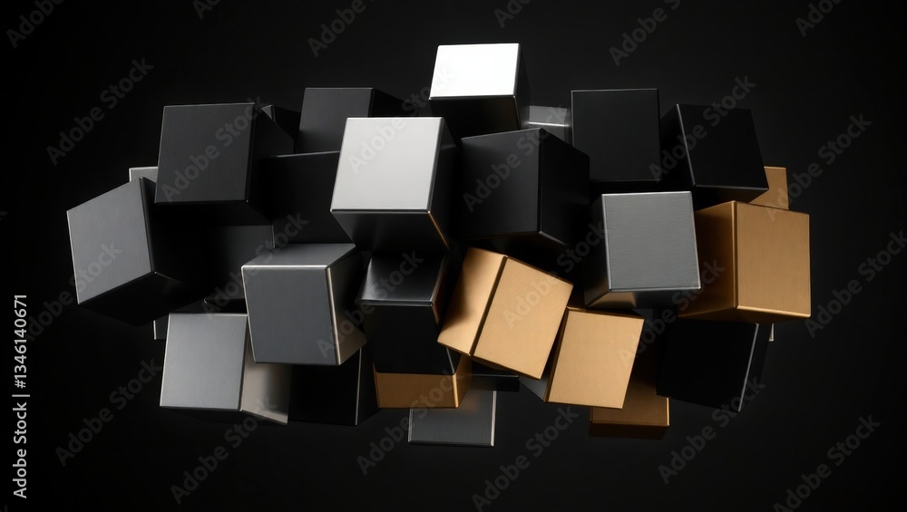 Poster dynamic arrangement of metallic cubes showcasing modern design and three-dimensional artistry in a c