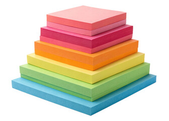 vibrant multicolored square sticky notes arranged in decreasing size pyramid for office supplies and planning isolated on white background
