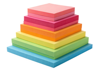 vibrant multicolored square sticky notes arranged in decreasing size pyramid for office supplies and planning isolated on white background
