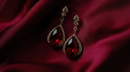 Fototapeta premium A pair of stunning chandelier earrings placed on a rich plum-colored backdrop
