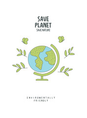 Vector hand drawn cartoon sketch of globe with green leaves.  Illustration of Environmentally friendly planet.Think Green.	
