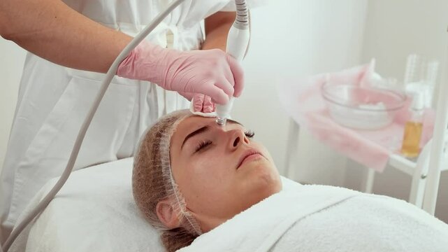 Patient woman receiving hydrogen oxygen facial beauty machine treatment at cosmetic dermatology clinic. Beautician utilizing advanced equipment to hydrate and refresh skin. Cutting-edge procedure