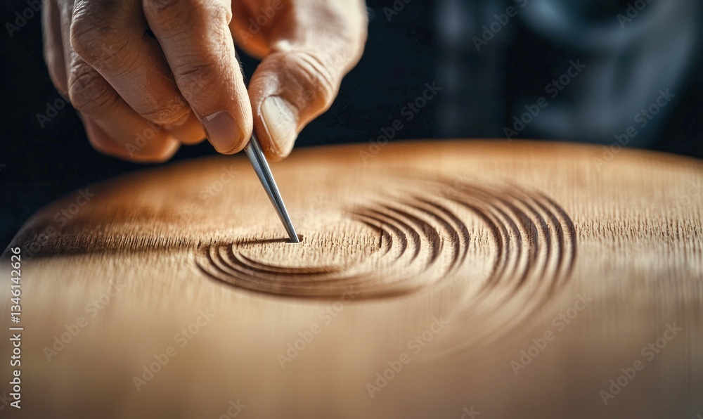Poster a craftsman carves precise concentric circles into wood using a small metal tool with focused precis