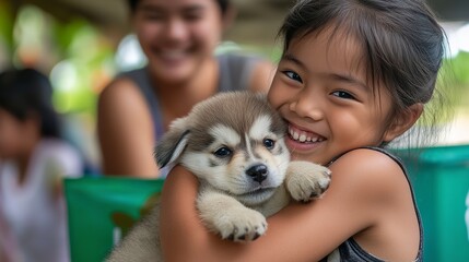A Young Girls Radiant Smile As She Cradles A Fluffy Husky Puppy, A Moment Of Pure Joy And Unconditional Love, Captured In Soft, Warm Light