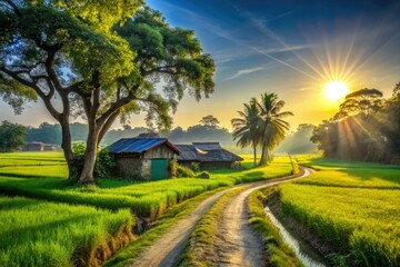 Dreamlike rural Bangladesh: a surreal village road unfolds in a captivating landscape photograph.