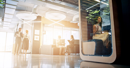 Lobby, meeting and business people in office in morning with cubicle for collaboration, teamwork and discussion. Professional, corporate and men and women walking in workspace pods for productivity