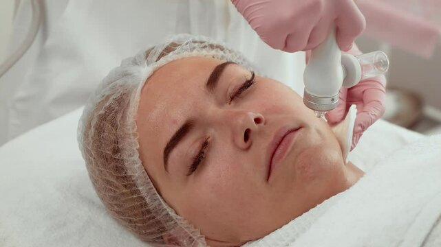 Beautician woman using water exfoliation system at skin care clinic. Patient undergoing facial exfoliation procedure. Treatment helping to gently remove dead skin cells and impurities