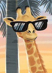 Giraffe wearing sunglasses relaxing on the beach, digital drawing, colored pencils. Anthropomorphic animal