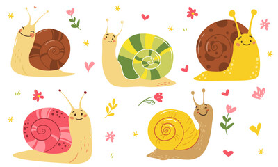 A set of flat vector illustrations in a simple children's style. Cute snails of different colors, hearts, flowers and daisies . Vector illustration © Alena