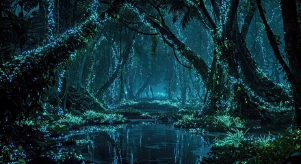 Obraz premium A secret oasis glowing with bioluminescent plants at night
