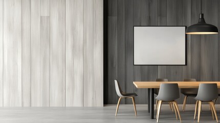 Modern conference room featuring a wooden table and sleek chairs against a stylish backdrop