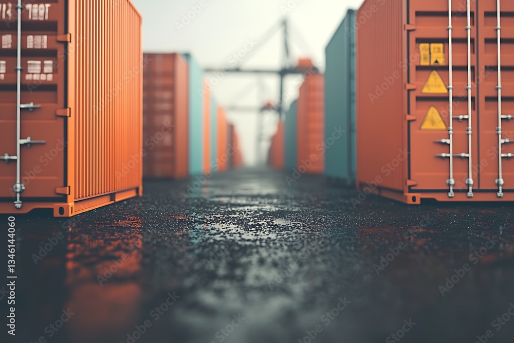 Poster a low-angle view of shipping containers lined up on a wet surface, creating a moody atmosphere in a 