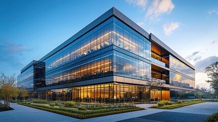 Obraz premium Modern architectural structure features expansive glass windows and office spaces
