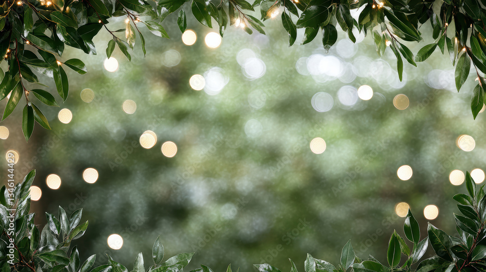 Poster lush green leaves frame soft bokeh background with warm glowing lights, creating serene