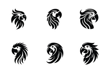 Set of Stylized Parrot Head Logos in Tribal and Modern Design