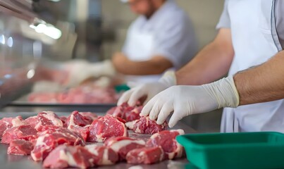 Close-up shot of meat processing steps in a small catering processing plant, Generative AI