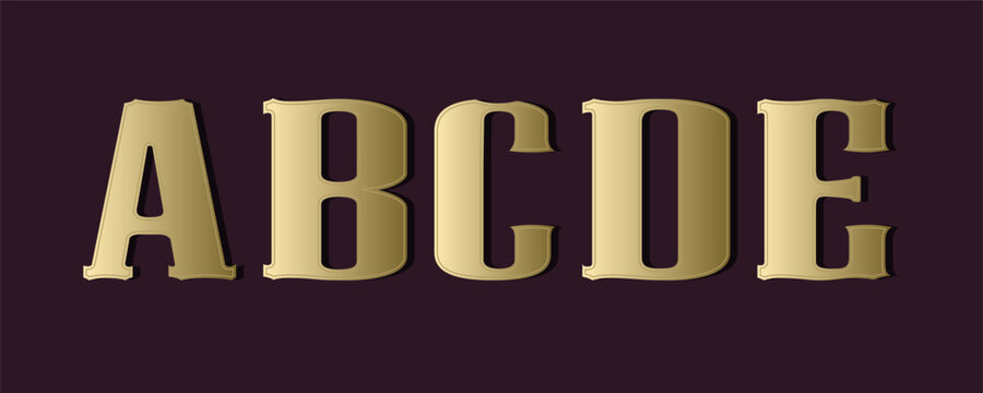 Vintage uppercase letters A-E in gold color on a dark background. Elegant and classic typeface for retro designs, posters, labels, and branding projects.