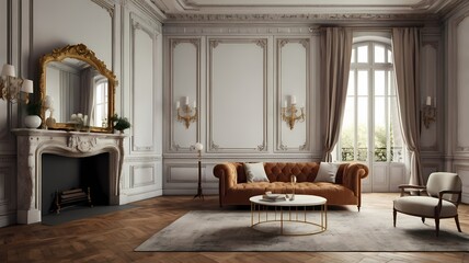 Parisian apartment interior with elegant moldings, marble fireplace, antique mirrors, and vintage furniture, 3D rendering