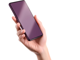 Illustration of Hand Holding Purple Screen Smartphone Mobile Device with Black Border isolated in Transparent Background for Communication Connectivity and Interactive Digital Technology