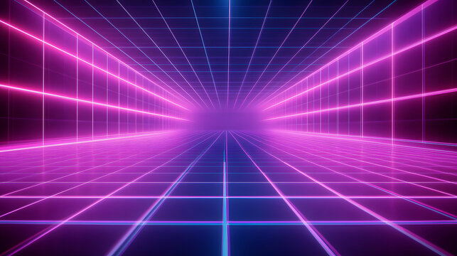 Retro futuristic synthwave wireframe background 3d rendering of 1980s