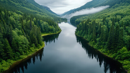 Fototapeta premium Serene mountain lake surrounded by lush forests and misty mountains reflects tranquility