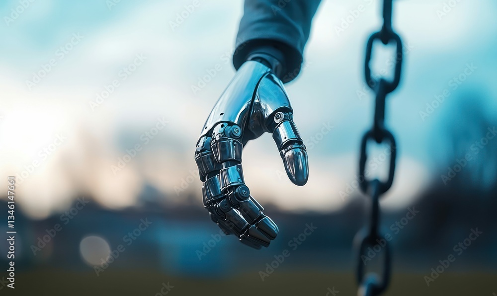 Poster a gleaming chrome robot hand suspended, offering a glimpse into a technologically advanced future.
