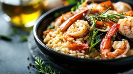 Delicious seafood risotto with shrimp, mussels, and clams in a black bowl.