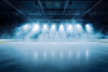 The scene of a hockey rink covered in fog and illuminated by dramatic spotlights is ideal for capturing the intense atmosphere of a hockey game