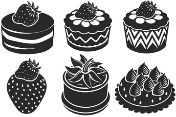 set of creative cake with strawberries silhouette vector illustration 