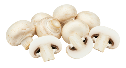 White button mushrooms png, whole and sliced, isolated on transparent background