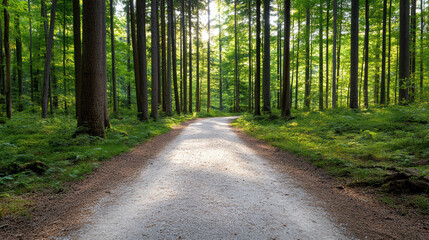 Obraz premium serene forest path surrounded by tall trees, illuminated by soft sunlight