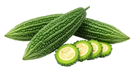 Bitter melon png, whole and sliced, isolated on transparent background