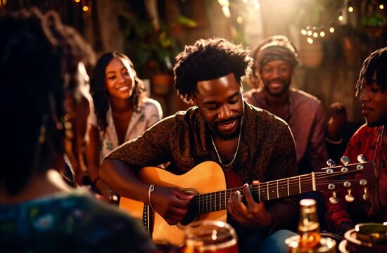 African American man playing guitar at home with his friends