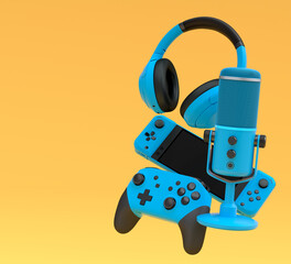 Top view gamer gears like joystick, microphone, headphones and controllers