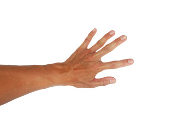 A man's hand showing a raised reaching gesture on a white background.
