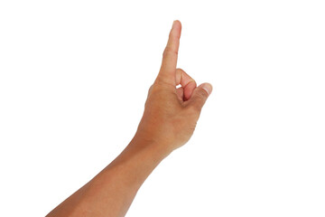 A man's hand showing a raised reaching gesture on a white background.