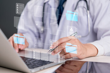 A medical professional analyzing patient data and medical documents through a digital interface....