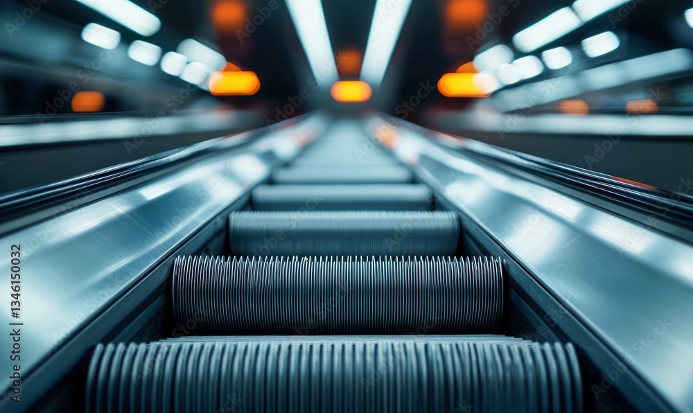 Poster captivating low-angle perspective of a modern escalator ascending with illuminated lights in the cei