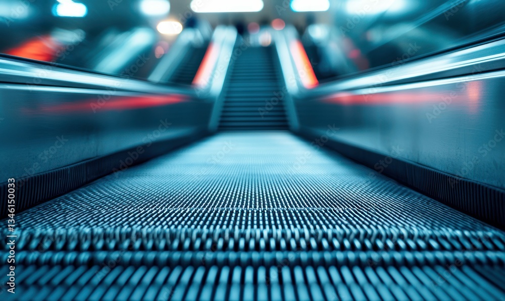 Poster a futuristic escalator with a rhythmic pattern offers a dynamic perspective inside a subway station.