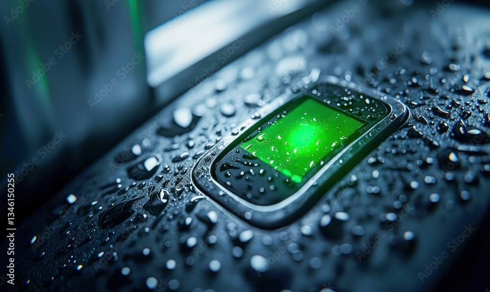 Poster wet fingerprint scanner glows green to confirm access in a close-up shot showcasing security.