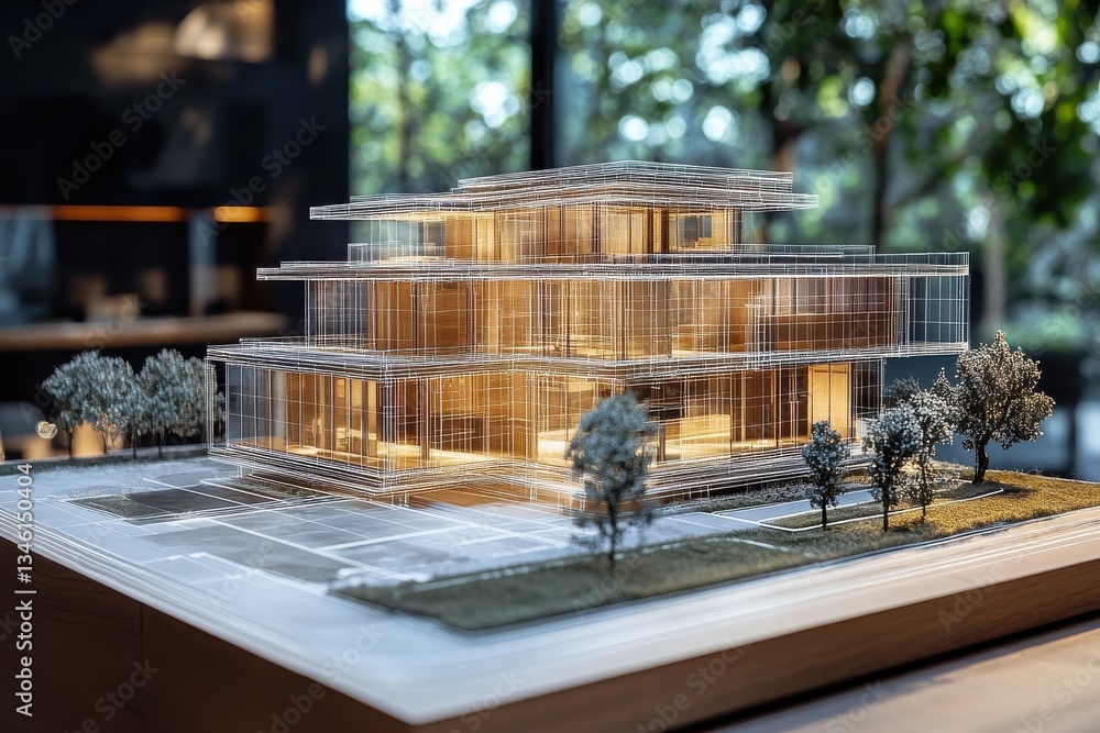 Poster architectural model of modern building with vertical lines and trees
