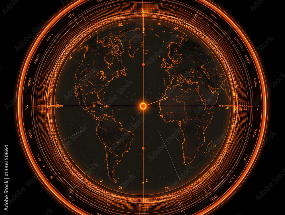 Poster global targeting system, technology focus, digital world map, futuristic interface