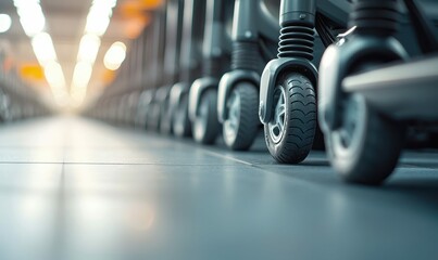 Fototapeta premium A row of electric scooters await riders, offering a modern and eco-friendly urban transport solution.