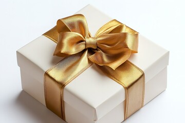 Obraz premium Isolated on a white background is a white present box with a golden ribbon bow. Generative Ai