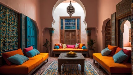 Moroccan Riad Living Room – A vibrant Moroccan-style interior with colorful tiles, arched doorways, and plush seating